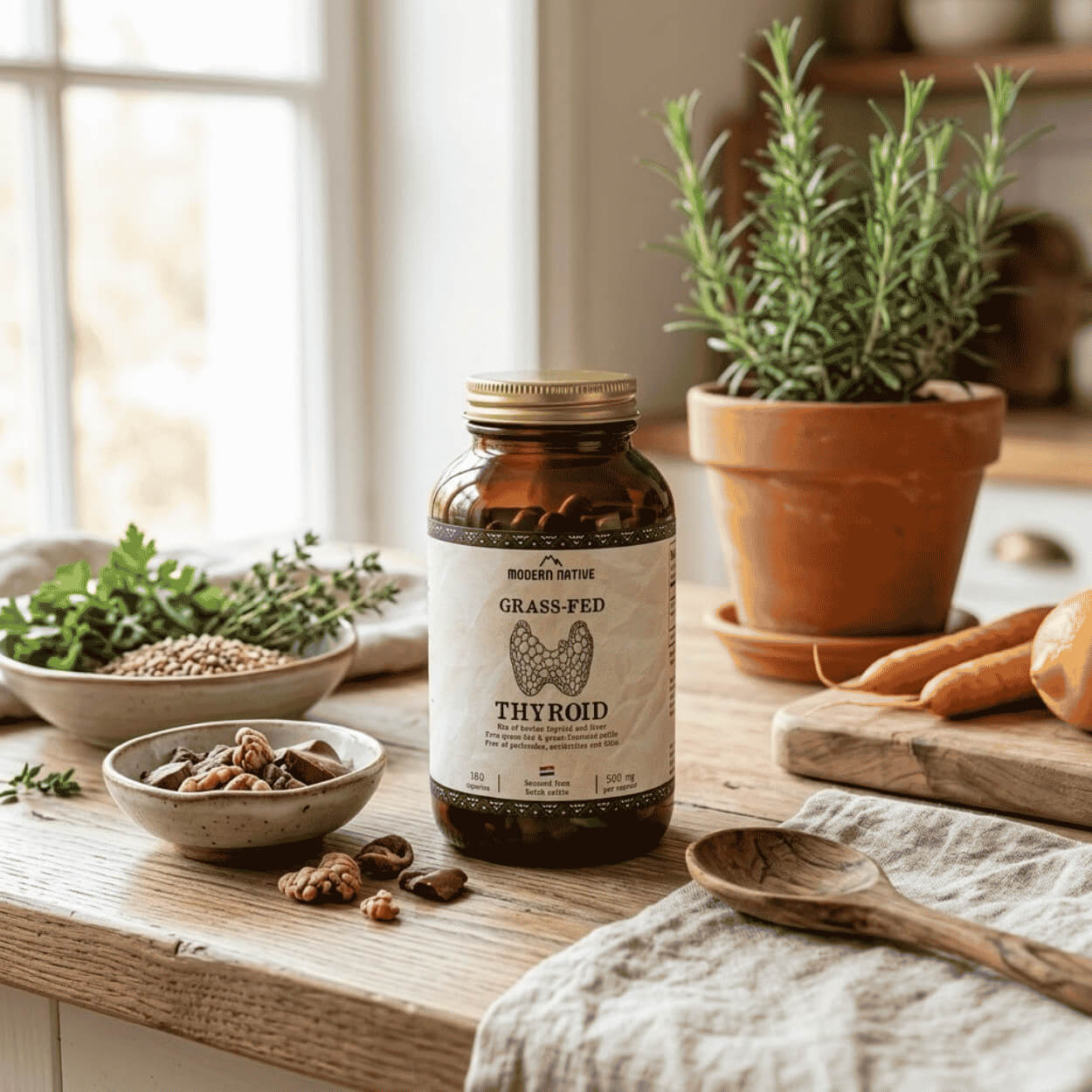 Na dřevěné kuchyňské lince u okna s rozmarýnem v květináči stojí skleněná dóza s doplňkem stravy Grass-Fed Thyroid, obklopená mrkví, citronem a miskami s bylinkami a kousky sušených orgánů.